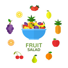 Fruit bowl. Natural food concept. Fruit salad in blue bowl isolated on white background. Cooking ingredients. Vegan menu. Vector illustration