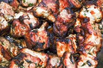 fried meat, shish kebab, barbecue in nature, fragrant meat