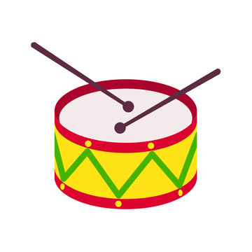 Bright drum and drum sticks on white background. Classical percussion musical instrument. Cute flat cartoon style. Drum icon. Vector illustration