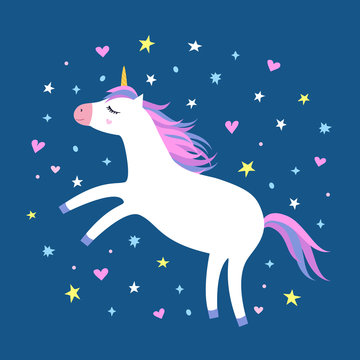 Magic cute white unicorn flying in the sky with stars and hearts on blue background. Cartoon style beautiful unicorn for kids stuff, posters, cards etc. Vector illustration
