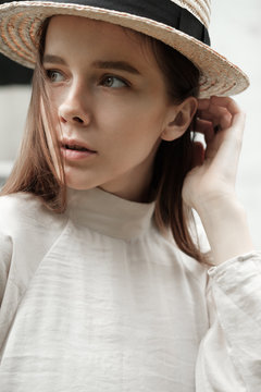 portrait of a cute girl in a close-up hat