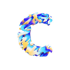 Alphabet letter C uppercase. Grungy liquid exotic tropical font made of brushstrokes of color paint. 3D render isolated on white background.