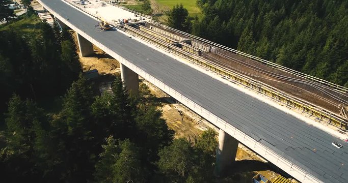 Aerial drone view on highway under construction. Construction of the viaduct on the national road number 7 in Poland