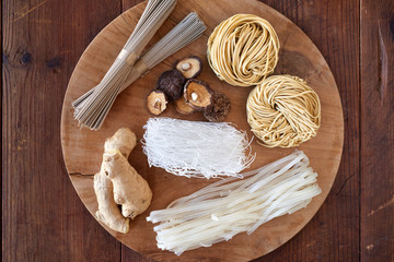 Common asian cuisine raw ingredients noodles