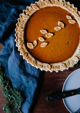 Fresh Baked Pumpkin Pie With Leaf Details