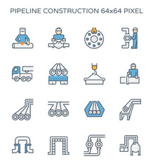 Pipeline construction, maintenance and repair vector icon. By crane, worker, welder and welding work. For transportation or supply crude oil, natural gas, gasoline or petroleum in industrial plant.
