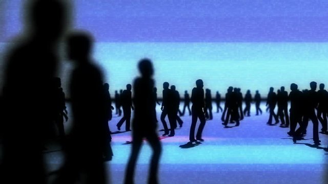Concept animation of silhouetted people walking in front of camera with a single Pink/Red Female silhouette walking right to left in focus.

This version has a holographic effect applied.