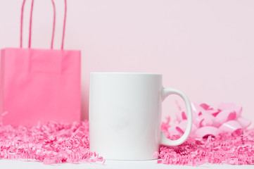 blank white coffee mug mock up with pink flowers