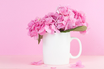 blank white coffee mug mock up with pink flowers