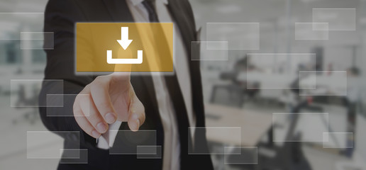 man touching download button on transparent screen