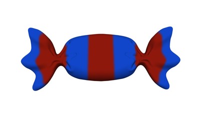 Candy 3D illustration in red and blue packaging isolated on a white background.