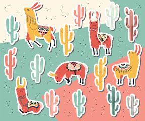 Vector llama and cactus stickers. Hand drawn illustration.