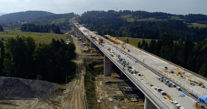 Aerial drone view on road under construction. Construction of the viaduct on the national road number 7 in Poland