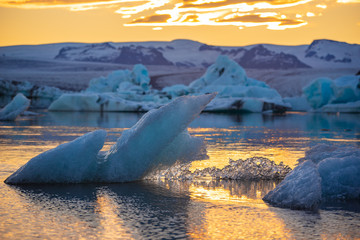 Icebergs in Jokulsarlon glacier lagoon. Vatnajokull National Park, Iceland Summer.Midnight Sun.