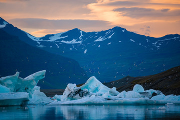 Icebergs in Jokulsarlon glacier lagoon. Vatnajokull National Park, Iceland Summer.Midnight Sun.