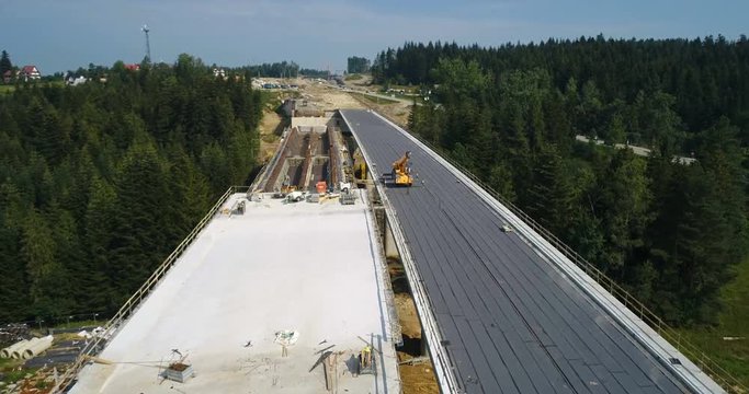 Aerial drone view on road under construction. Construction of the viaduct on the national road number 7 in Poland