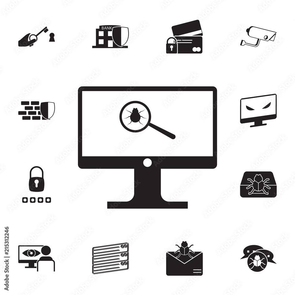 Poster beetle in the magnifier on the monitor screen icon. detailed set of cyber security icons. premium qu