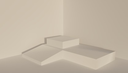 Geometric abstract shaped white pedestal in a white studio. 3D render.
