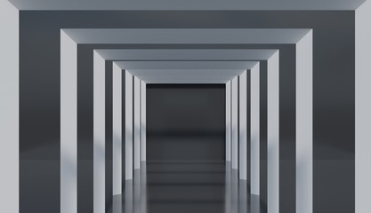 Minimalist square architecture decor, abstract tunnel pattern on shiny floor, blank realistic 3D render.