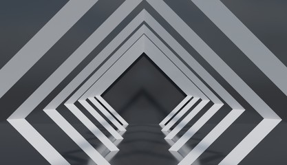 Minimalist rhombic architecture decor, abstract tunnel pattern, blank realistic 3D render.