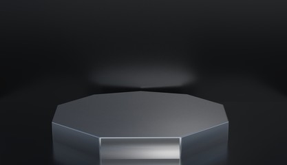 Silver metallic pedestal in black stylish studio, 3D render.