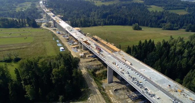 Aerial drone view on highway under construction. Construction of the viaduct on the national road number 7 in Poland