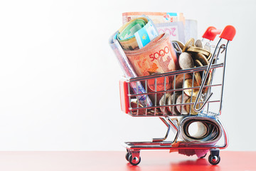 Tenge. Kazakh money in shopping cart on white background close-up..