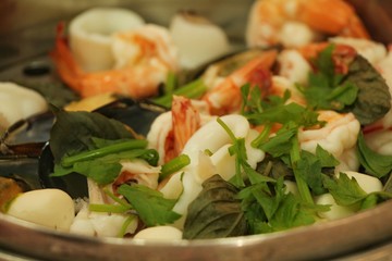 Shrimp in streaming pot.