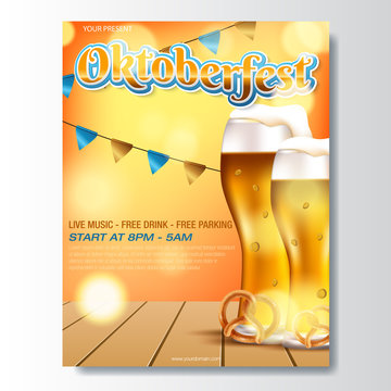 Advertisement poster template of Oktoberfest beer party with different objects related with beer festival