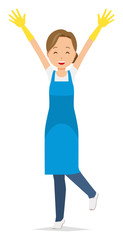A woman wearing a blue apron and rubber gloves is putting up both hands