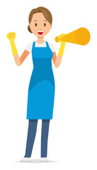 A woman wearing a blue apron and rubber gloves has a megaphone