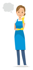 A woman wearing a blue apron and rubber gloves is imagining