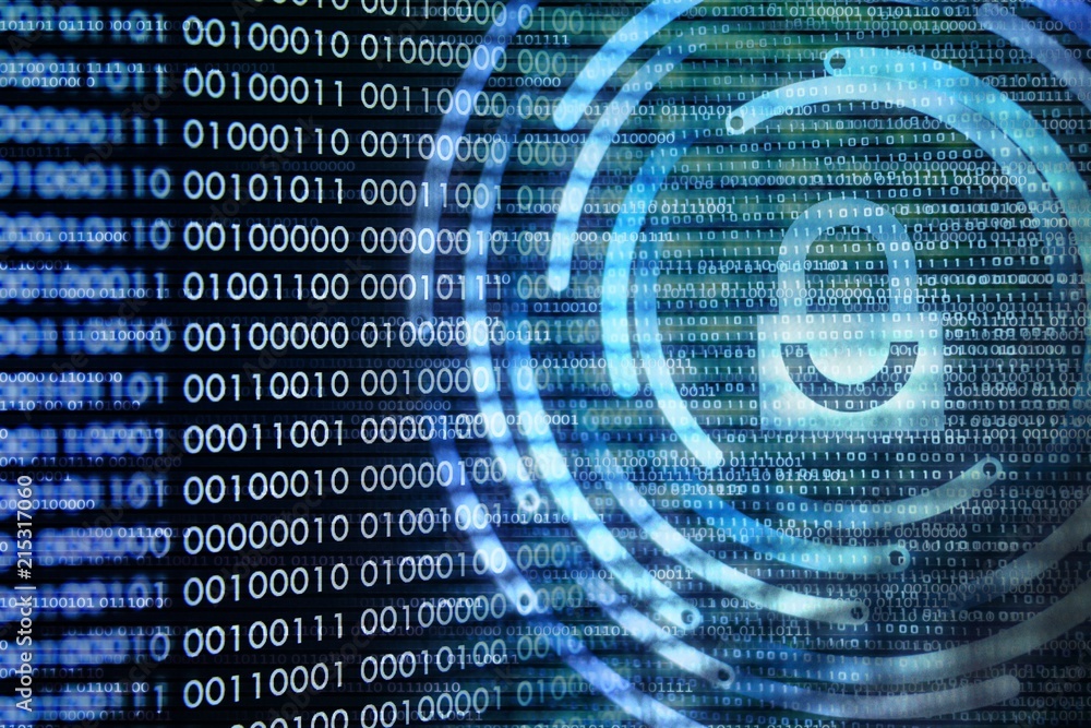 Poster Multiple exposure padlock icon on binary code screen. 