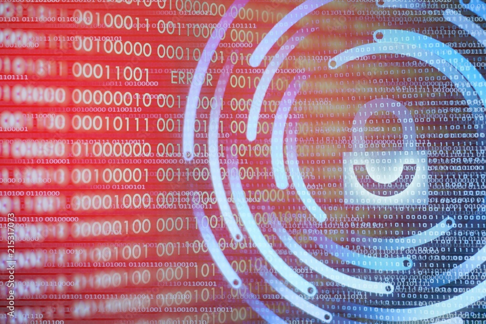 Poster antivirus binary code background with complete blue padlock and broken red padlock icons.