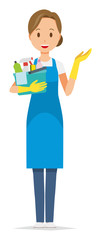 A woman wearing a blue apron and rubber gloves has several cleaning tools. And she is informative.