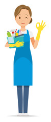 A woman wearing a blue apron and rubber glove is playing an okay sign, holding some cleaning tools