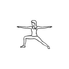 Woman doing yoga in warrior pose hand drawn outline doodle icon. Fitness, healthy lifestyle, yoga poses concept. Vector sketch illustration for print, web, mobile and infographics on white background.