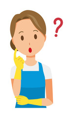 A woman wearing a blue apron and rubber gloves is thinking