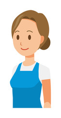 A woman wearing a blue apron. oblique angle
