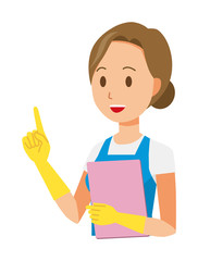 A woman standing with a blue apron and rubber gloves has a file.And she points out