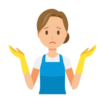 A woman wearing a blue apron and rubber gloves is shrugging her shoulders