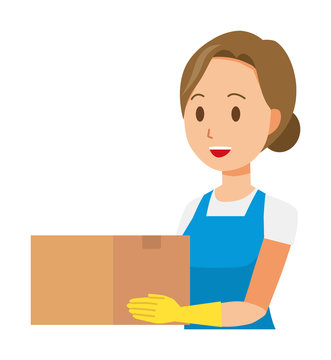 A woman wearing a blue apron and rubber gloves has a box