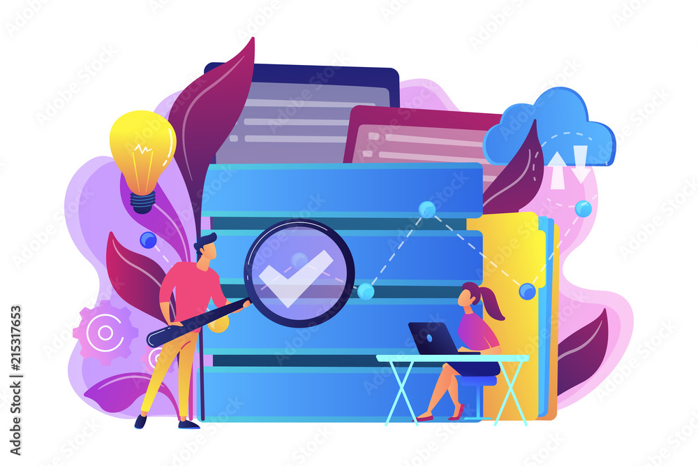 Poster developers with magnifying glass studying data analytics. database research and management, search a
