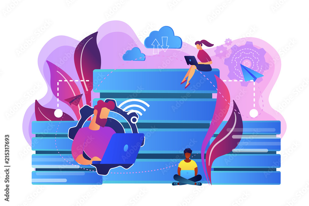 Poster users with laptops working with database. data storage and organization, information access and mana