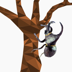 Isolated low poly Dynastinae or rhinoceros beetles on tree with white background,Abstract insect,geometric style,bug cartoon mocking up