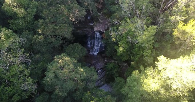 Top down flying over stream of Somersby falls in natinal park of Australia near Gosford on NSW Central coast with fresh water stream cutting through creek and ever-green gum-tree woods.
