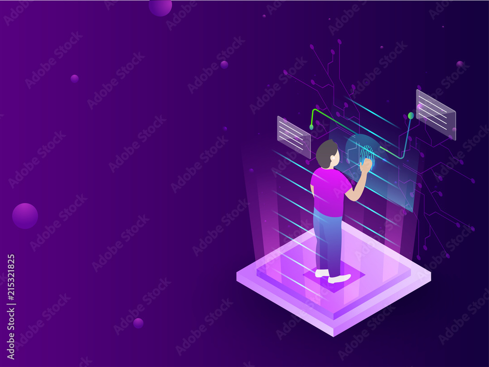 Poster biometric scanning technology concept based isometric design of a man unlock the password through fi