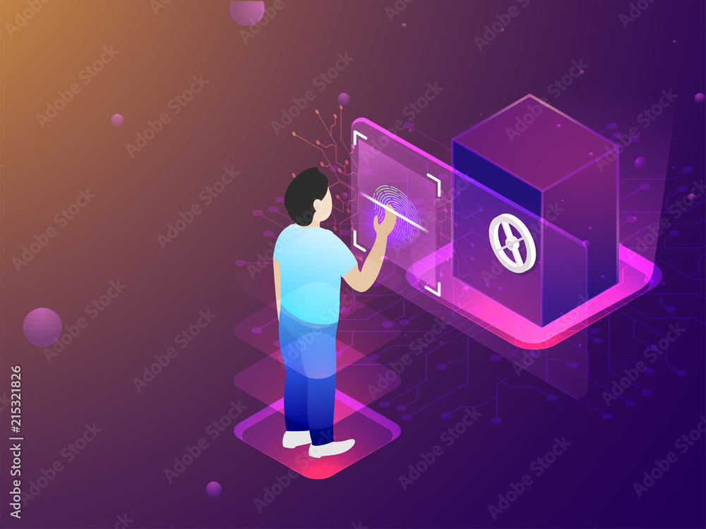 Poster fingerprint scan for identity approval, biometric technology concept based isometric design, a man u