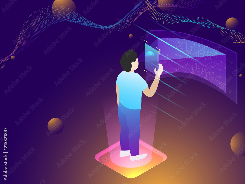 Poster data and technology concept, isometric illustration of a man scanning retina to secure his data, fut