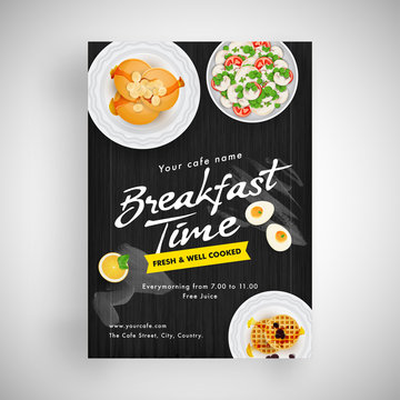 Breakfast flyer presentation for restaurant with illustration of delicious cuisine.